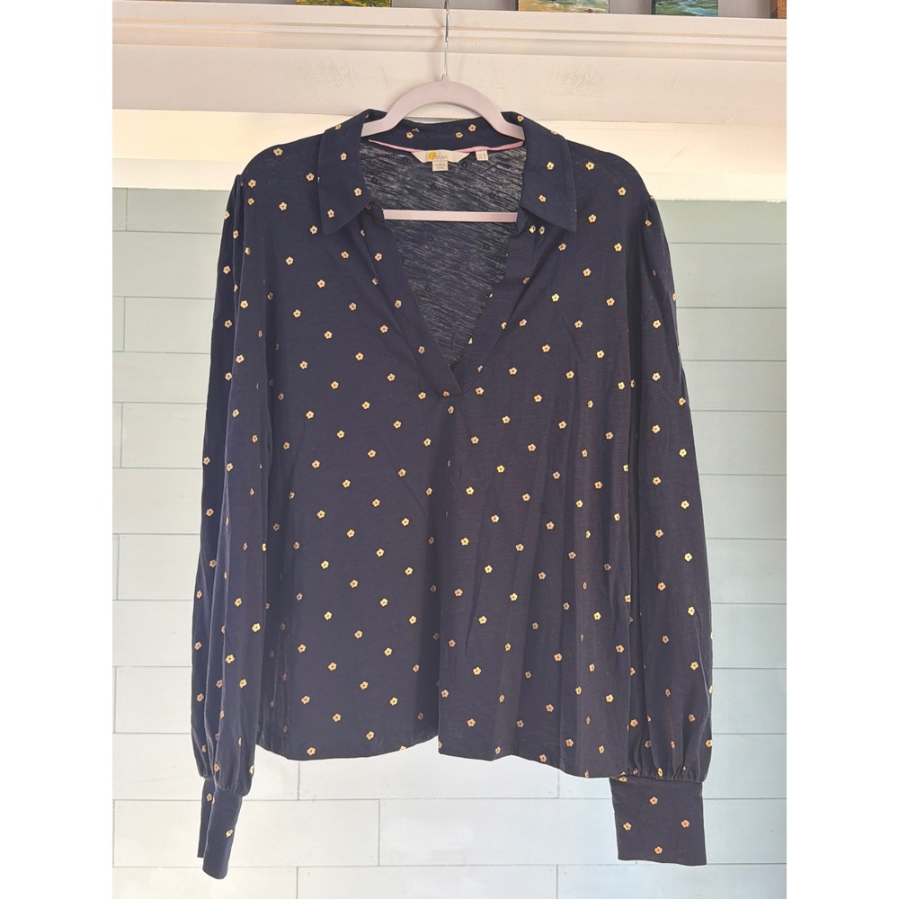 Boden Navy Gold Foil Floral Cotton V-Neck Long Sleeve Top T0892 US 14